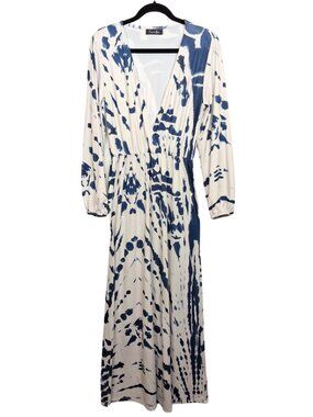 SUCREFAS Maxi Dress Blue White Print Long Sleeve V Neck Stretchy Boho Medium